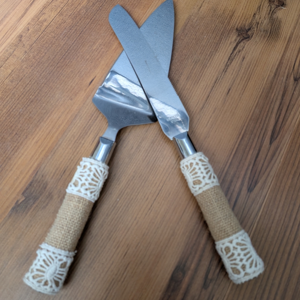 Rustic Wedding Silver Cake Knife and Server Set